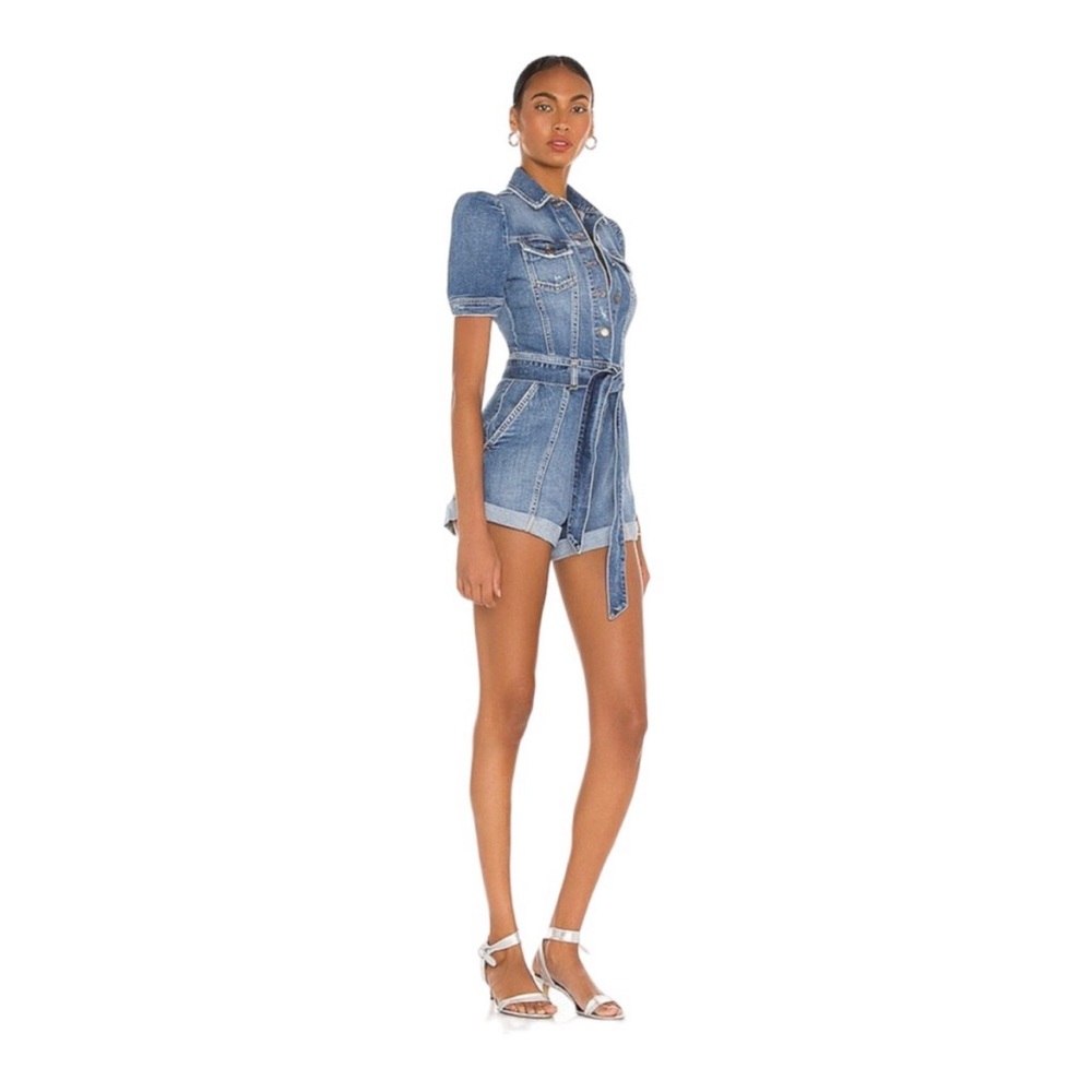 RETROFETE Phoebe Denim Romper Puff Sleeve Belted L - Picture 6 of 16